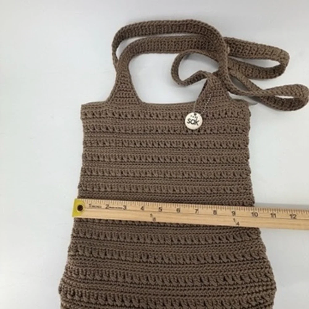 The Sak Brown Crochet Shoulder Bag Zipper Tote Textured Knit Boho Handbag